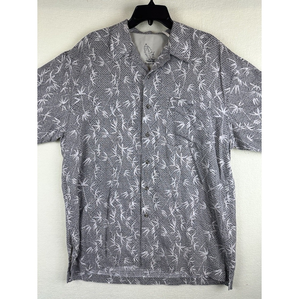 Bugle Boy Mens XL Gray White Bamboo Print Ramie Cotton Short Sleeve Button Shirt